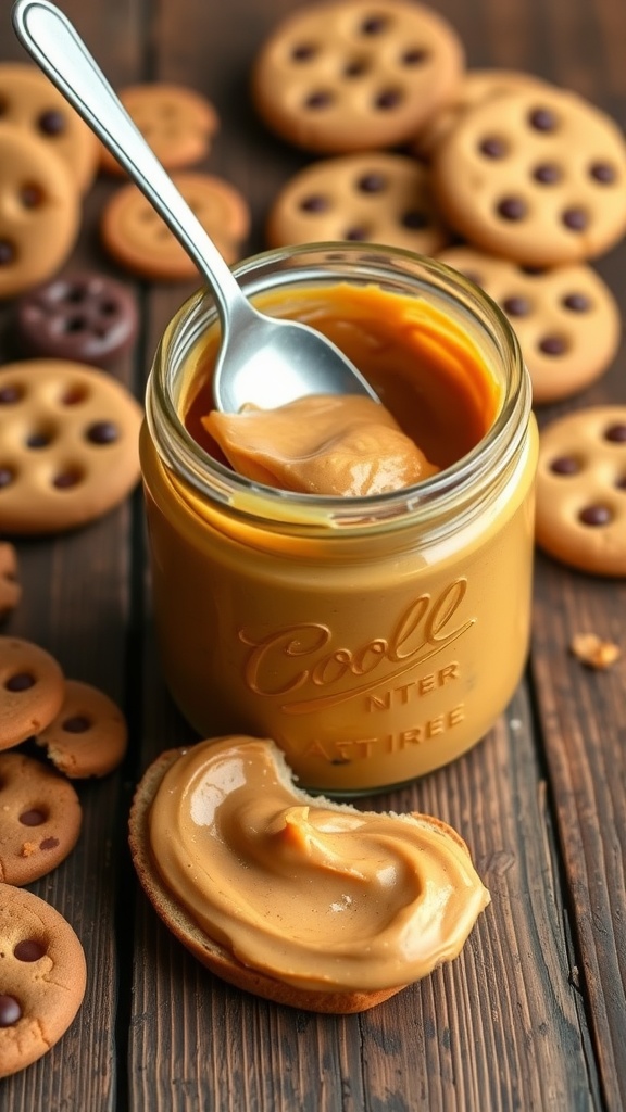 Jar of cookie butter with a spoon, toast smeared with cookie butter, and cookies on a wooden table.